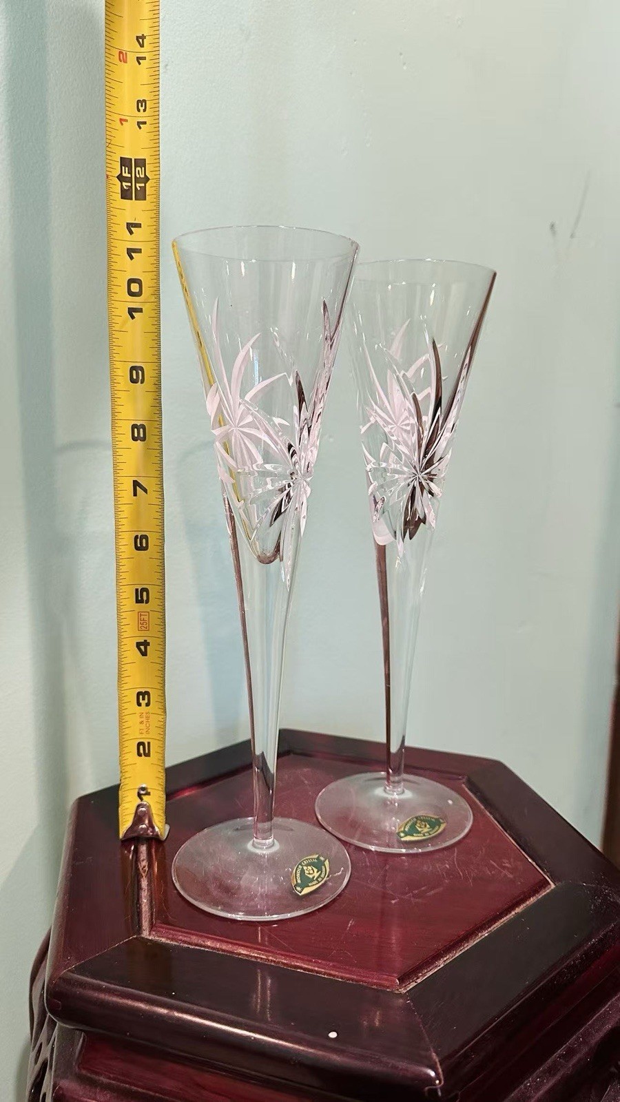 Set of 2 Honour Crystal Slovakia Hand Cut Crystal Champagne Flutes 11” Vintage
