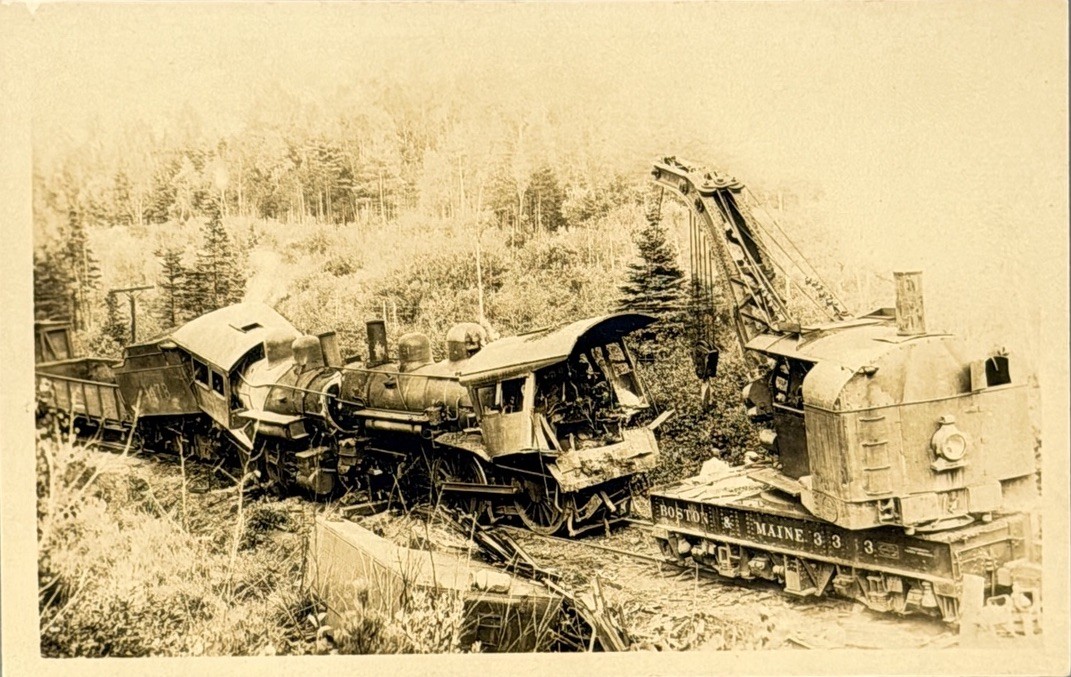 RPPC Vintage Boston & Maine Railroad Train Wreck Steam Locomotive Crane Postcard