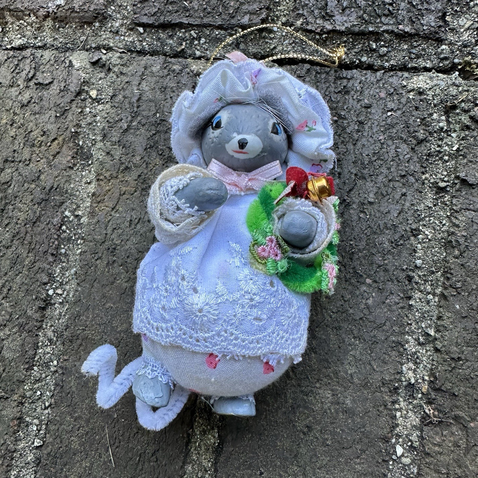 VTG 1983 Kurt S Adler Christmas Mouse Ornament Girl Lace Dress Nightcap Wreath