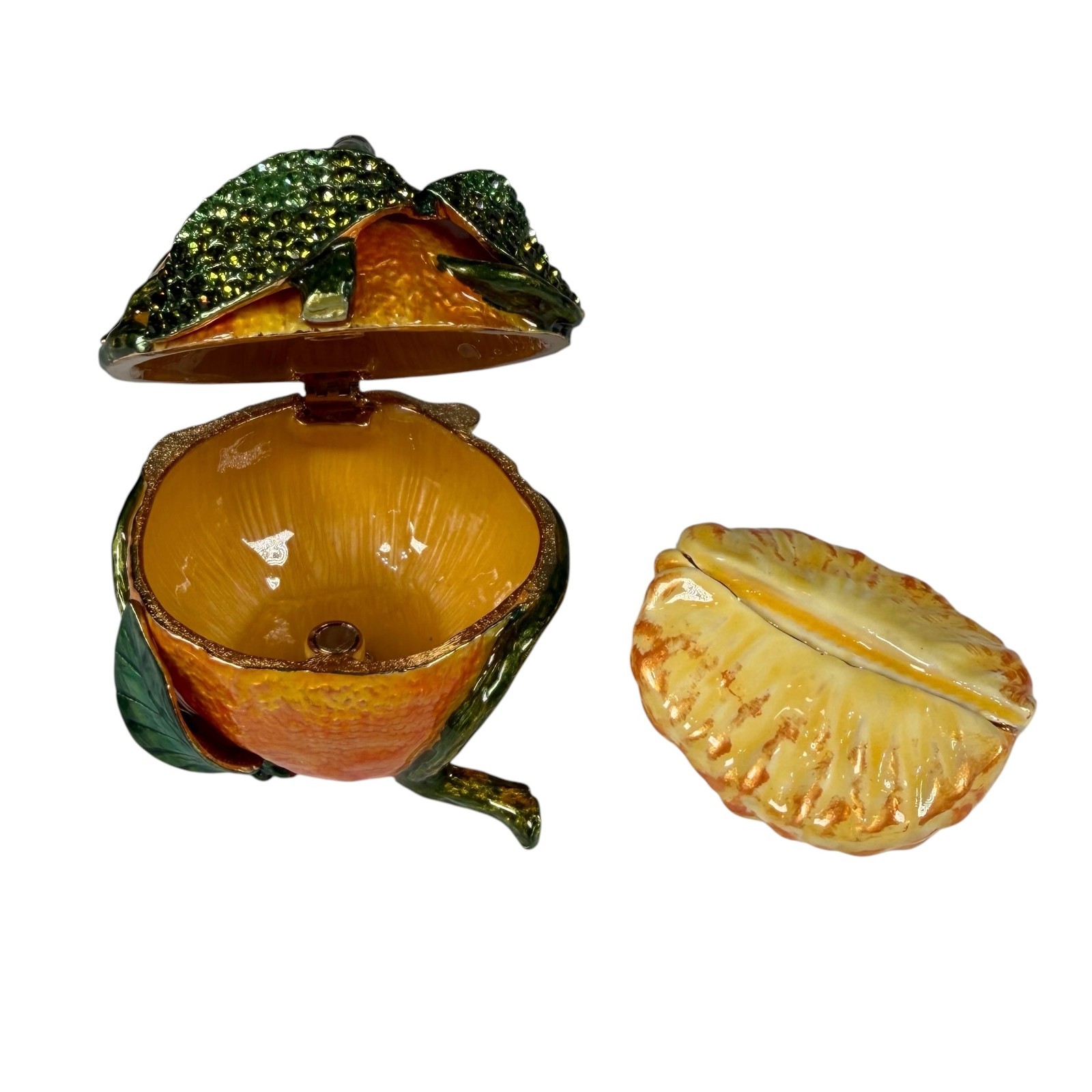 Rucinni Enamel Orange Fruit Citrus Hinged Rhinestone Trinket Box Pill Box
