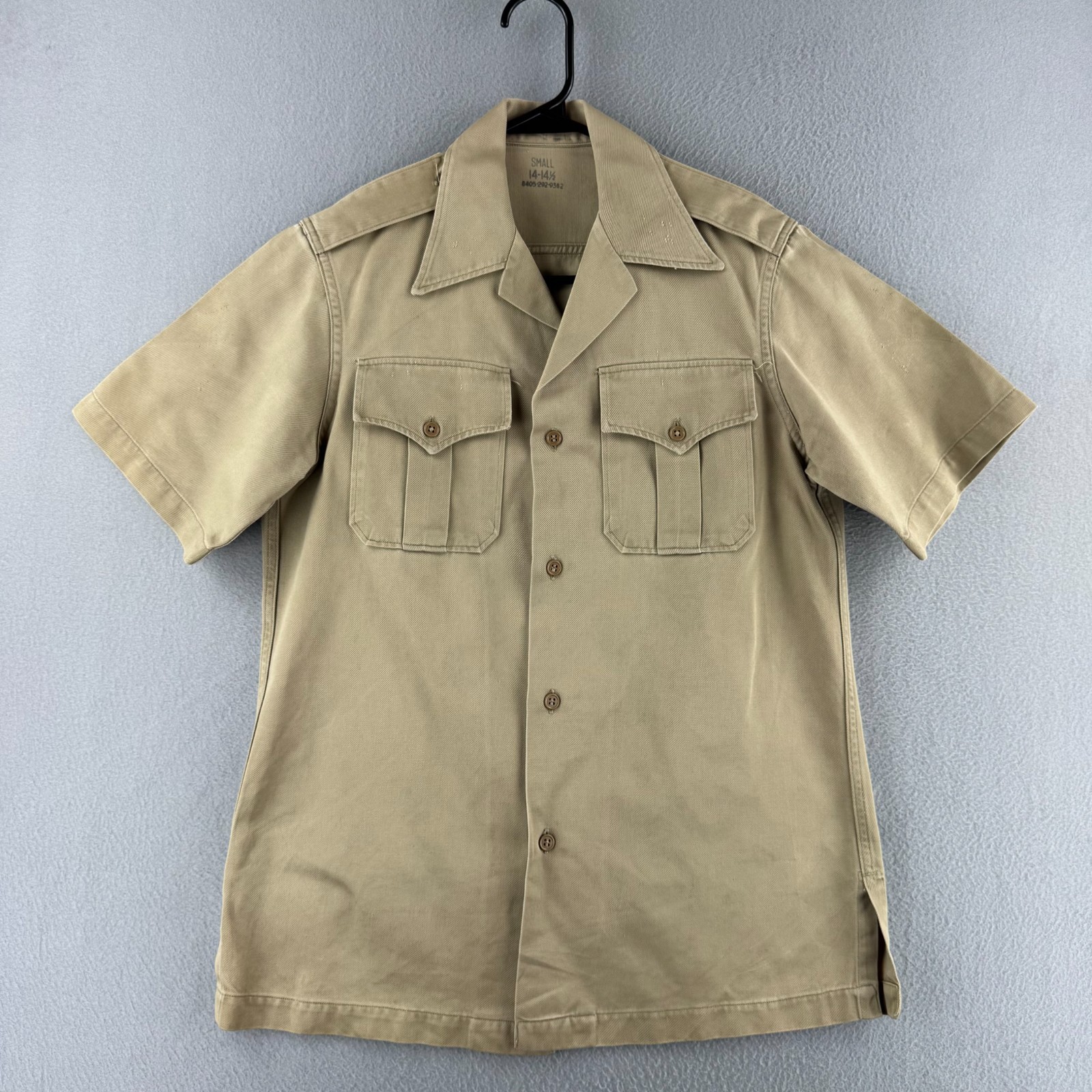 Vintage 50s Military Shirt Mens Small Khaki Heavy Cotton Short Sleeve 