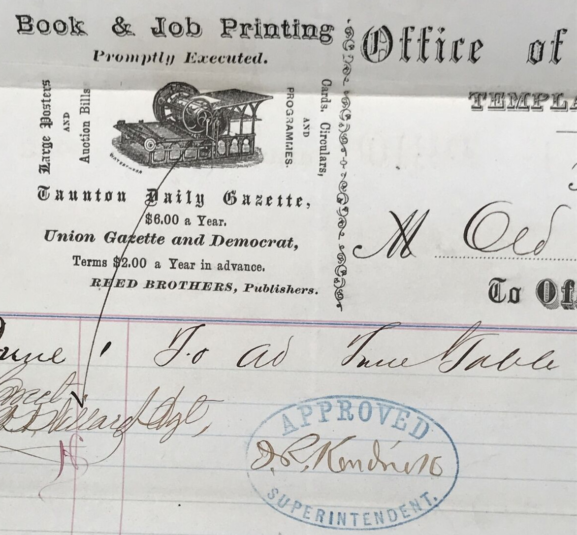 1874 Old Colony Railroad OC Purchase Receipt Billhead from Daily Gazette Tauton