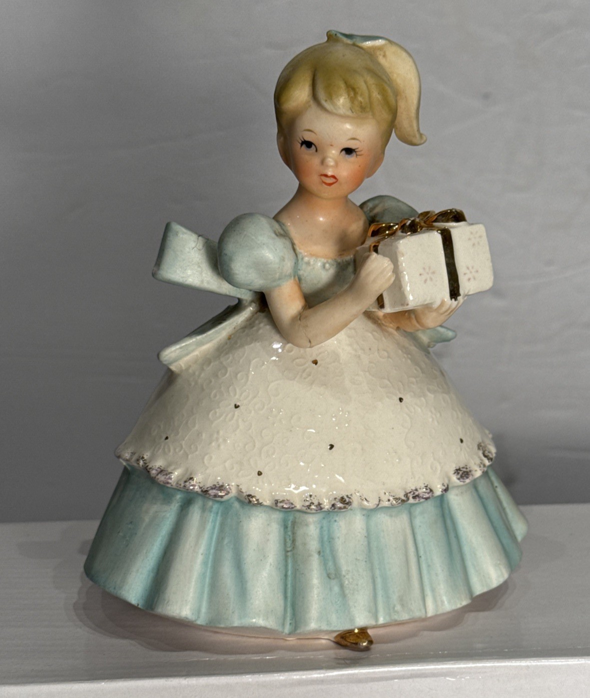 VTG Napco Napcoware C6434 Girl Figurine Planter Blue Dress & Present Porcelain VTG Napco Napcoware C6434 Girl Figurine Planter Blue Dress & Present Porcelain