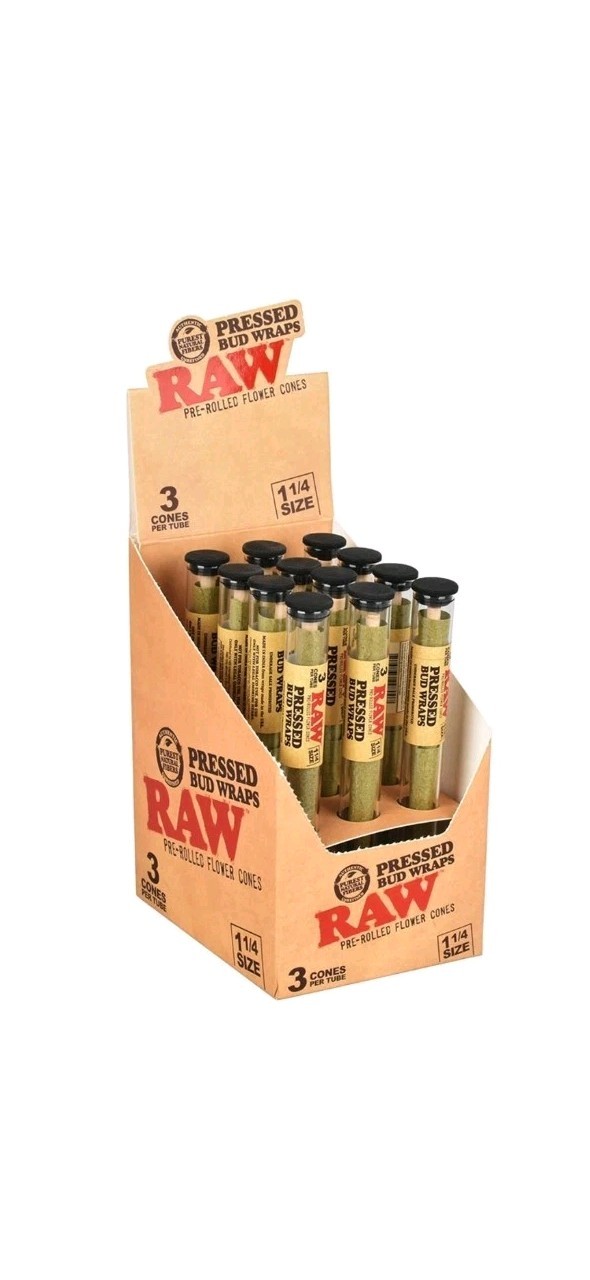 Raw Pressed Bud Wrap Cones 1 1/4 (3 cones per tube display of 12) FULL BOX