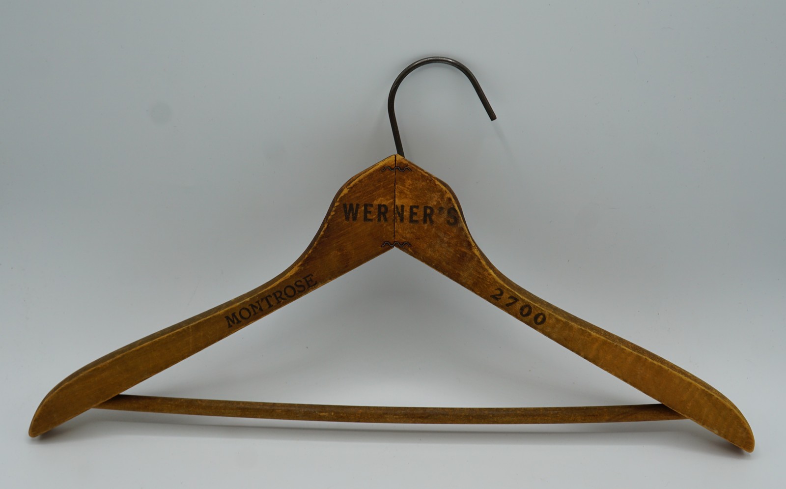 Vintage WERNER\'S Montrose 2700 Wooden Advertising Clothes Hanger 1950s