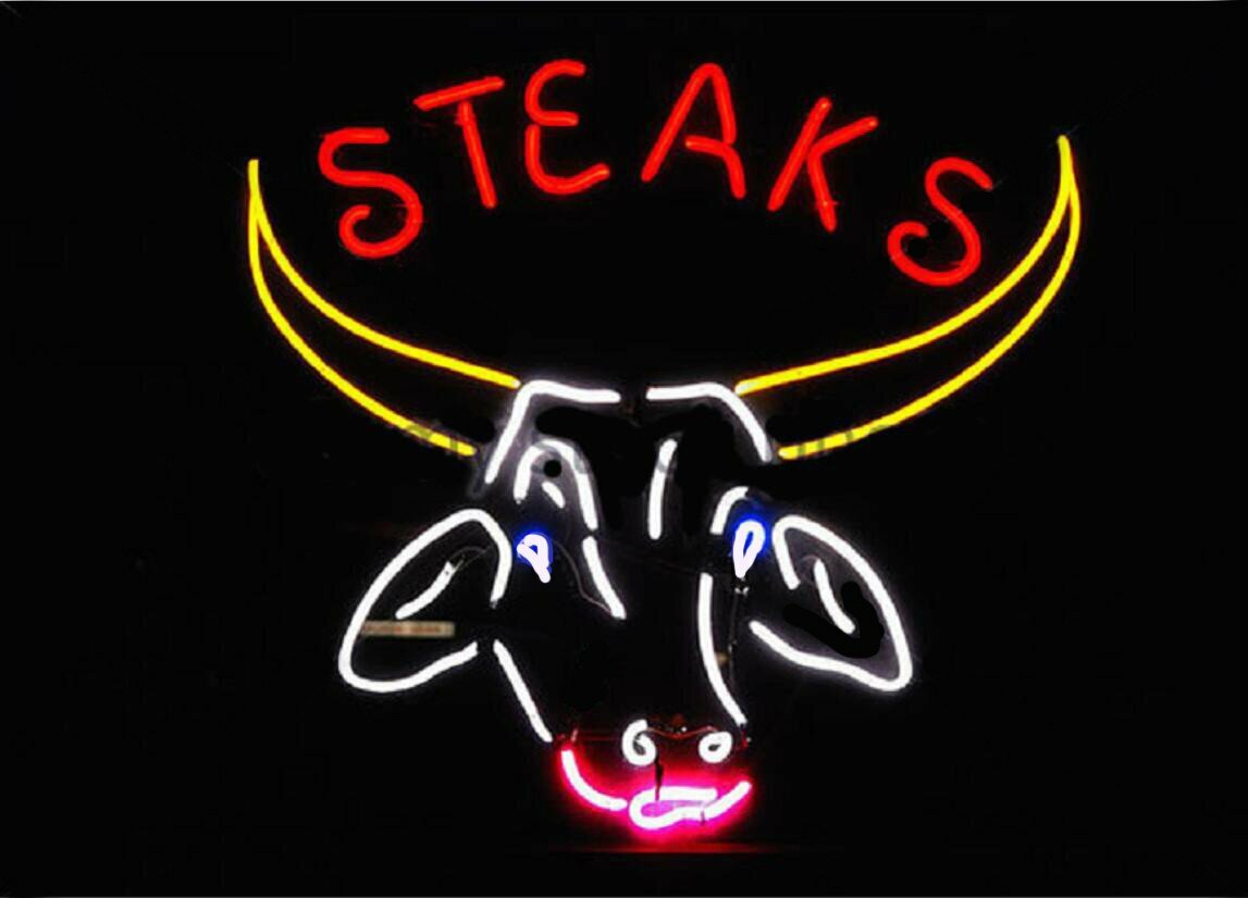Steaks Cow 24x20 Neon Sign Light Restaurant BBQ Store Open Wall Decor Hanging FG