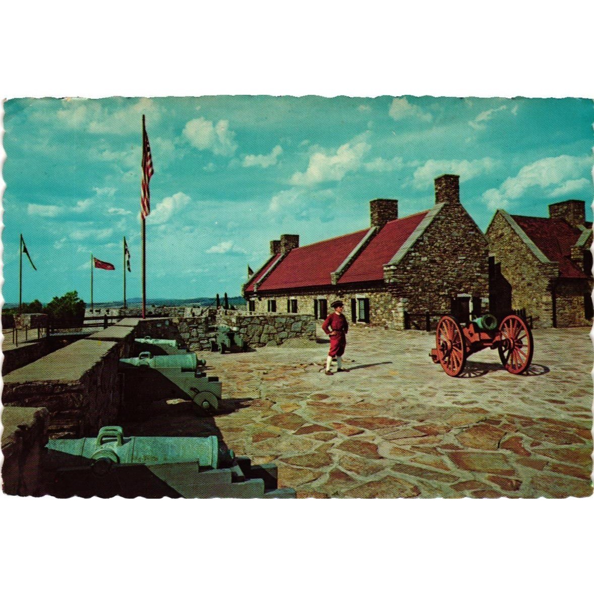 Vintage Fort Ticonderoga NY Postcard Deckle Edge Chrome Cannon Soldier History