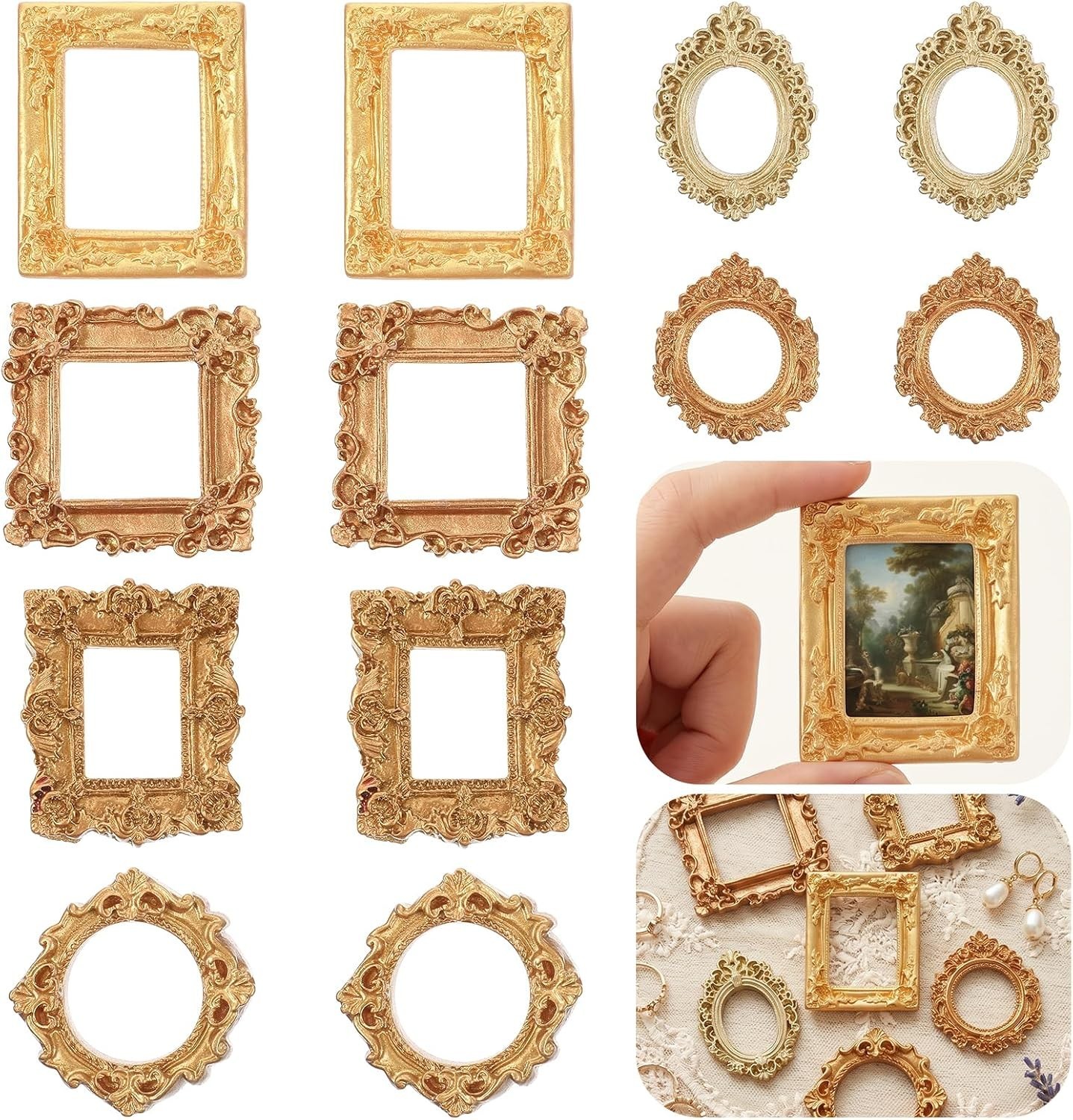 12PCS Vintage Mini Picture Frames, Resin Mini Gold Frames for Crafts, Tiny