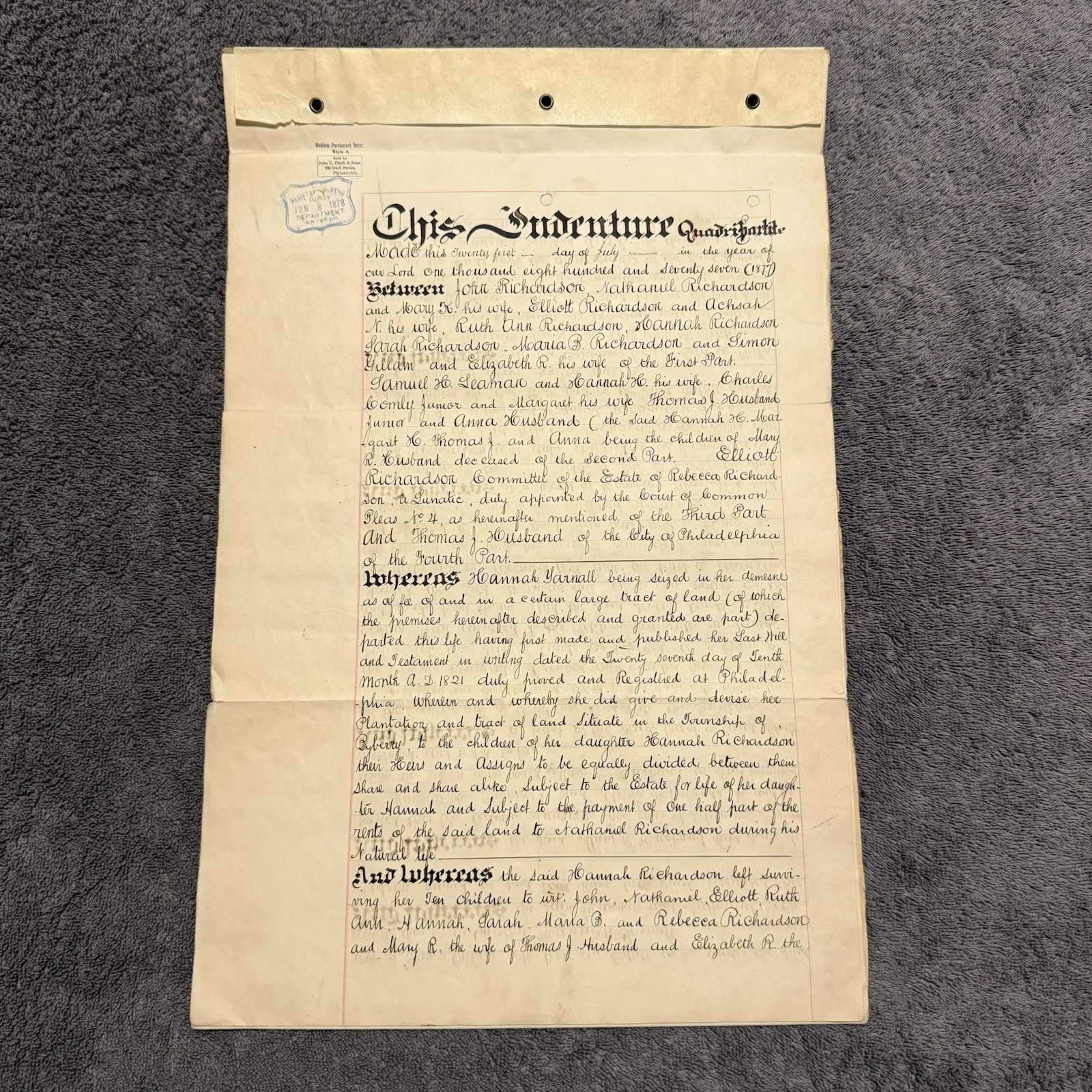 1877 PA Indenture Deed Richardson/Comly/Howland w/ seals & signatures