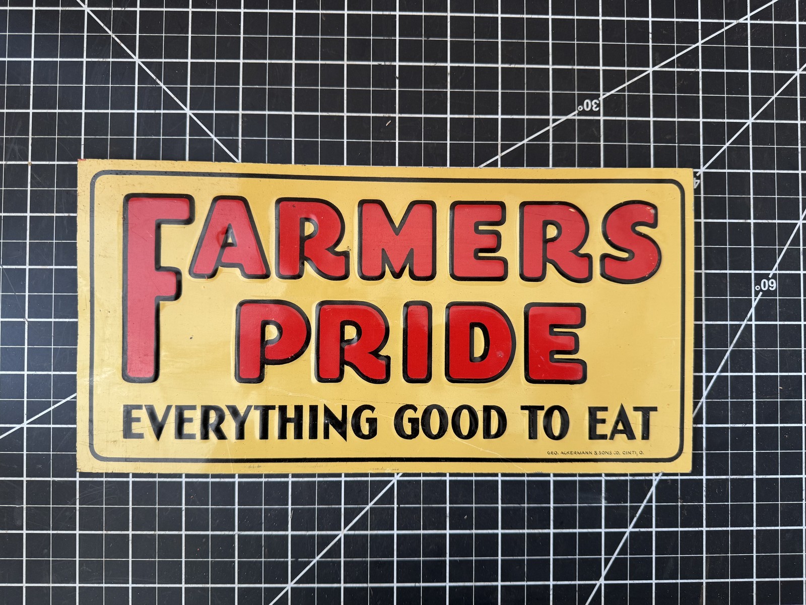 1930s NOS “FARMERS PRIDE Everything Good to Eat” Embossed Metal Sign – 11.5”x6”