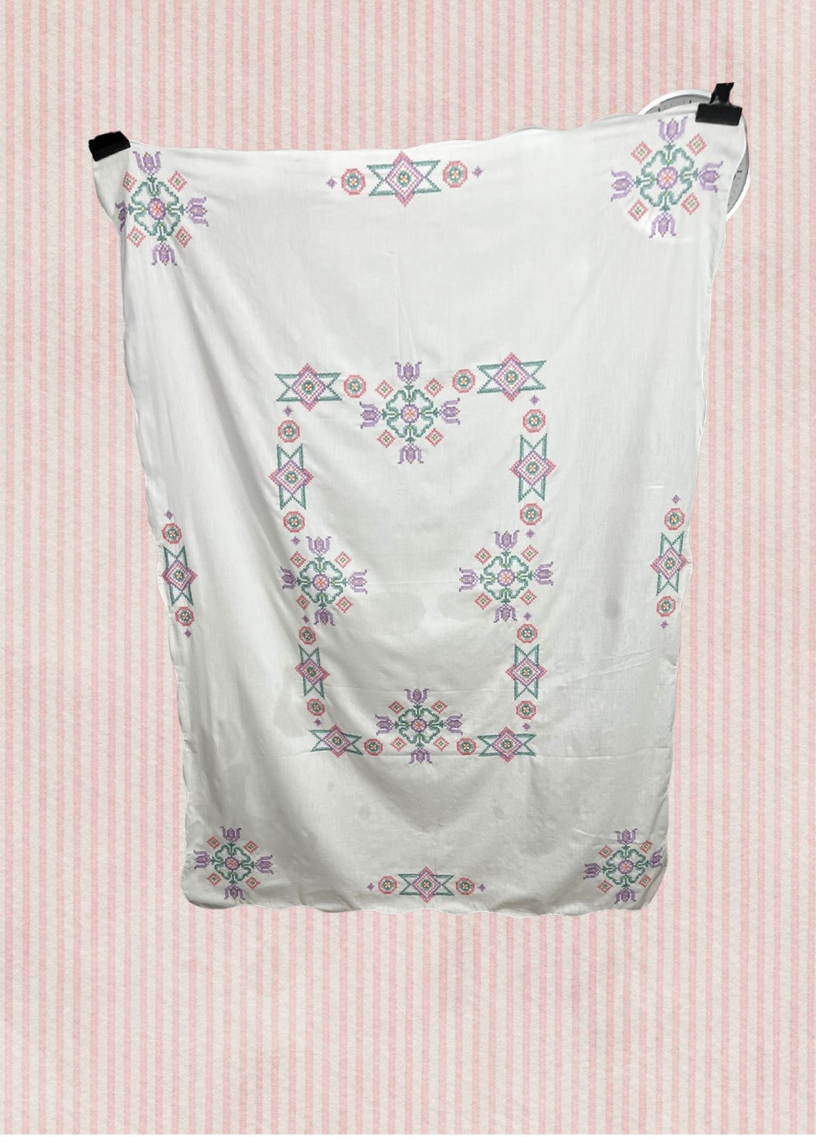 Vtg Hand Emroidered Cross Stitch Tablecloth (47x66) Star Tulip Pastel Rectangle