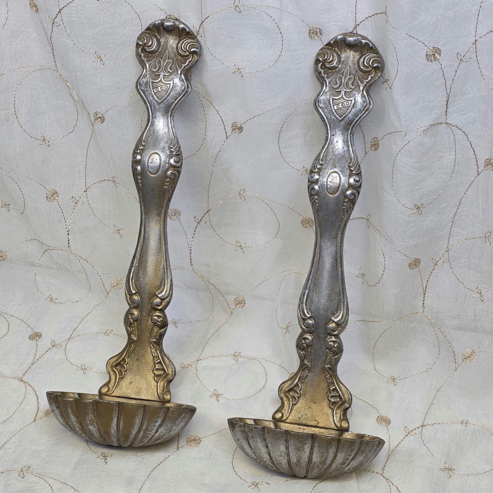 Vintage MCM Homco Cast Metal Wall Hanging Ladle Planters Pair Silver Gold 16.5”