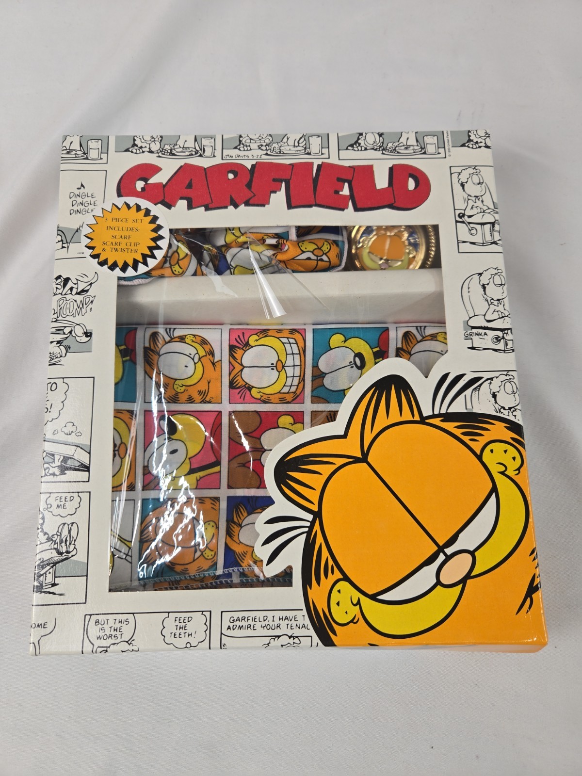 VINTAGE 1994 GARFIELD 3 PIECE SET SCARF CLIP & SCRUNCHIE IN ORIGINAL BOX