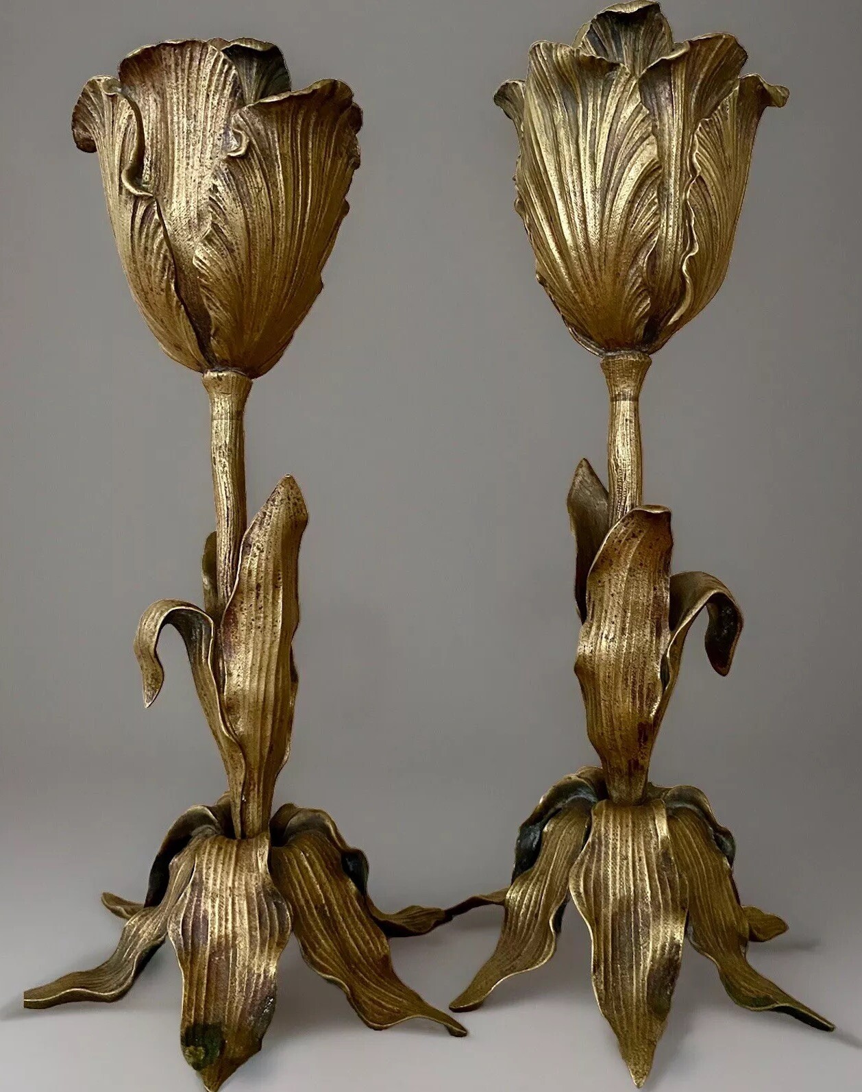 19th C Bronze Pair French Candlesticks Candle Holders Tulips ART NOUVEAU SIGNED