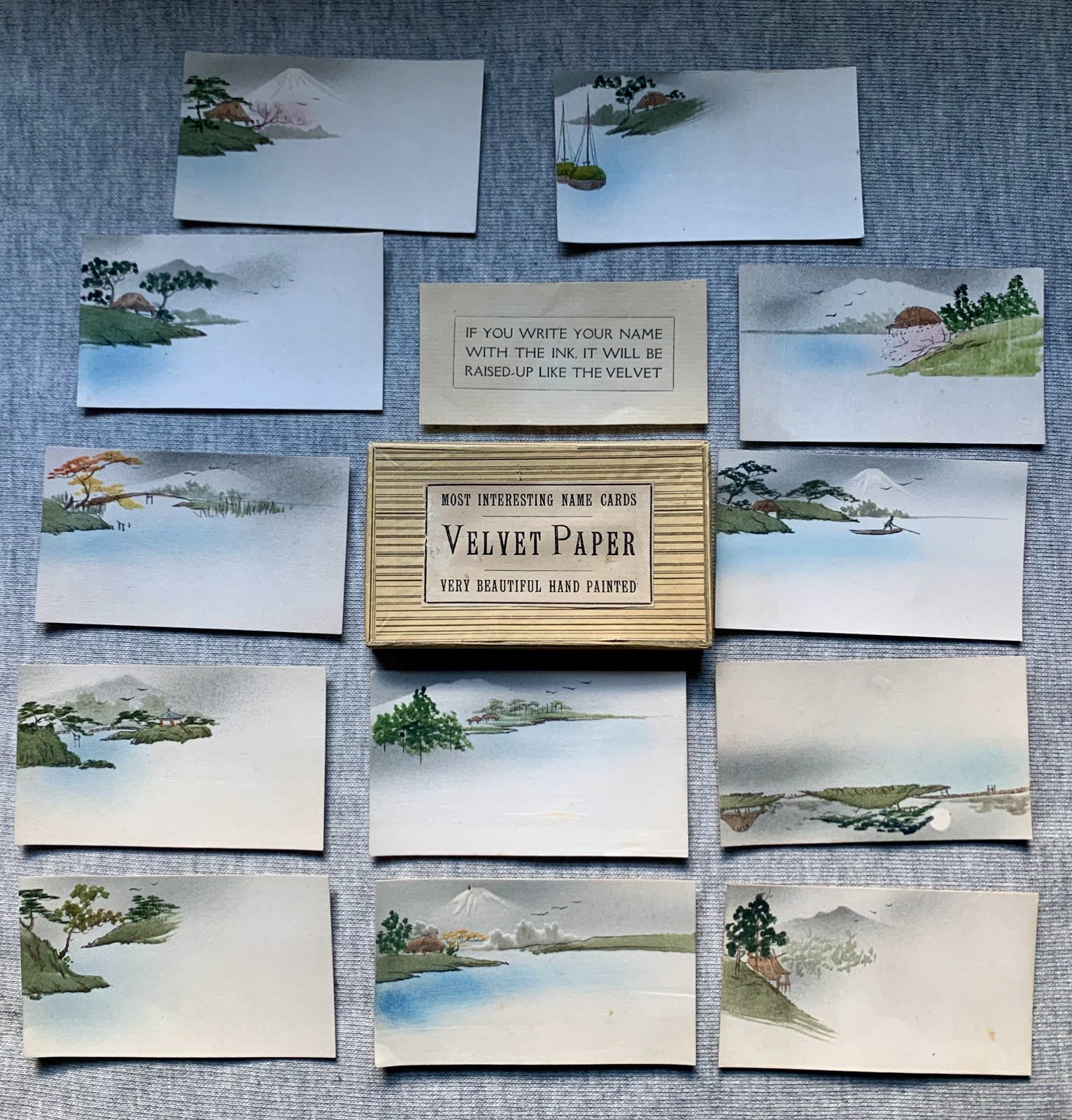Lot of 12 Vtg Hand-Painted Japanese Place Name Cards Velvet Paper 1930-40’s