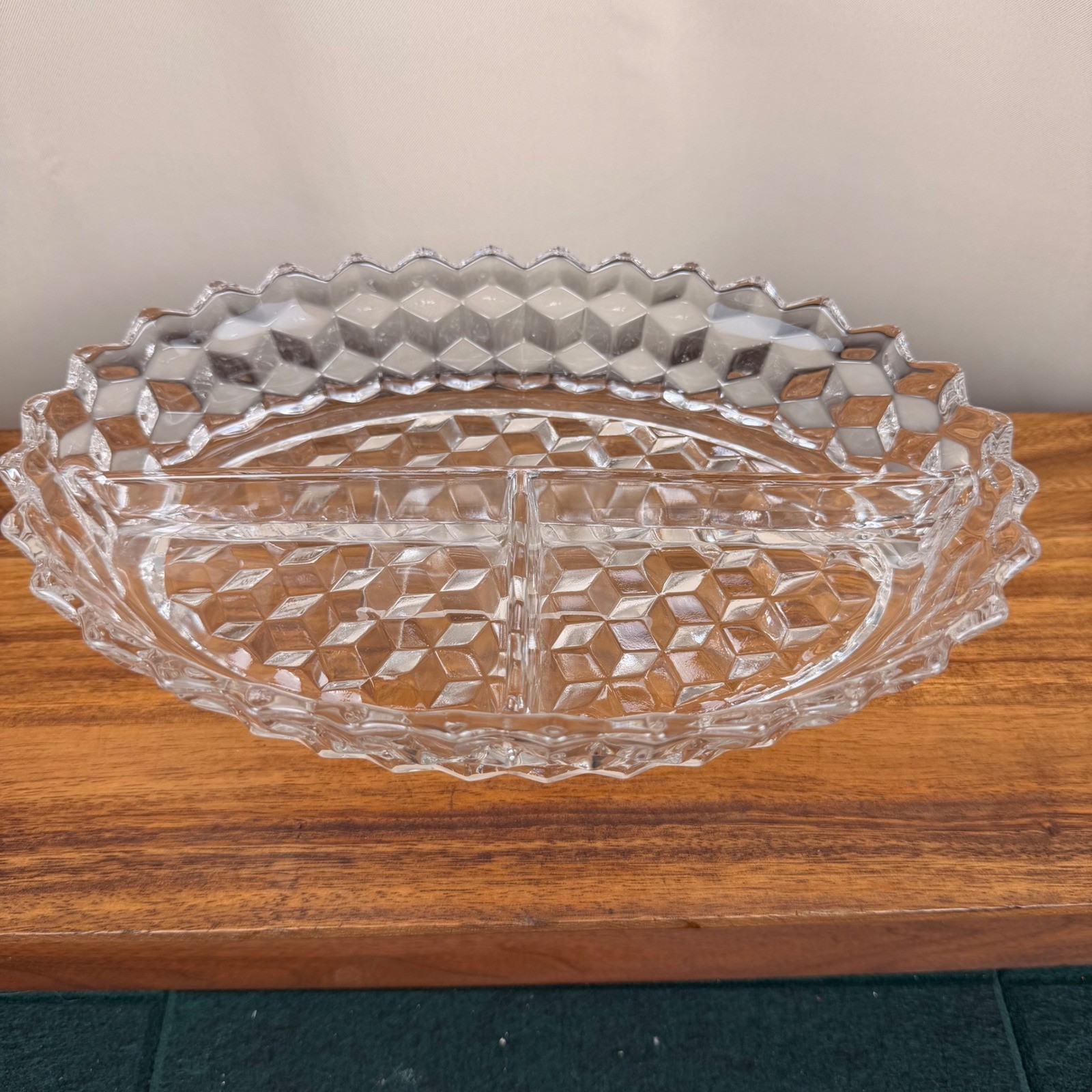Fostoria America Clear Glass 3 Part Divided Relish Dish Oval Cube Pattern 10.5in