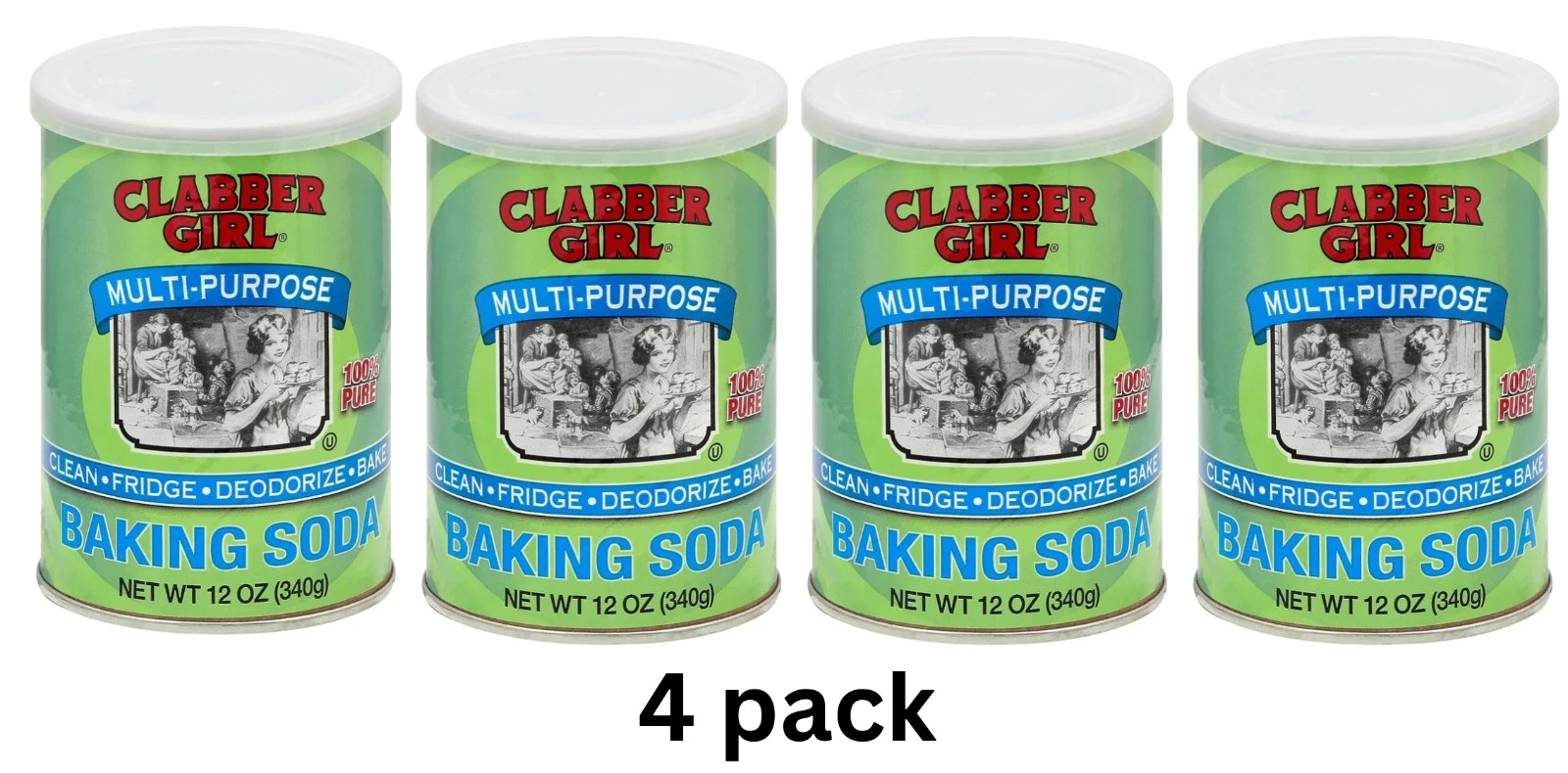4 Pack Clabber Girl Multi-Purpose Baking Soda 12 oz Can Exp 03/27 4 Pack Clabber Girl Multi-Purpose Baking Soda 12 oz Can Exp 03/27