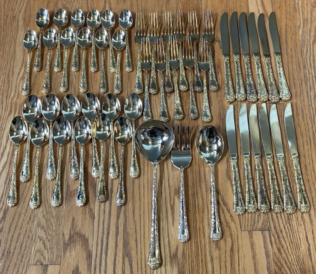 WM Rogers & Son Enchanted Rose Gold Plated 50pc Flatware Set for 11 Vintage