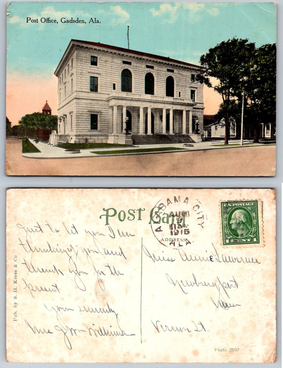 Gadsden AL Post Office 1915 Postcard S. H. Kress & Co. Alabama Vintage Gadsden AL Post Office 1915 Postcard S. H. Kress & Co. Alabama Vintage