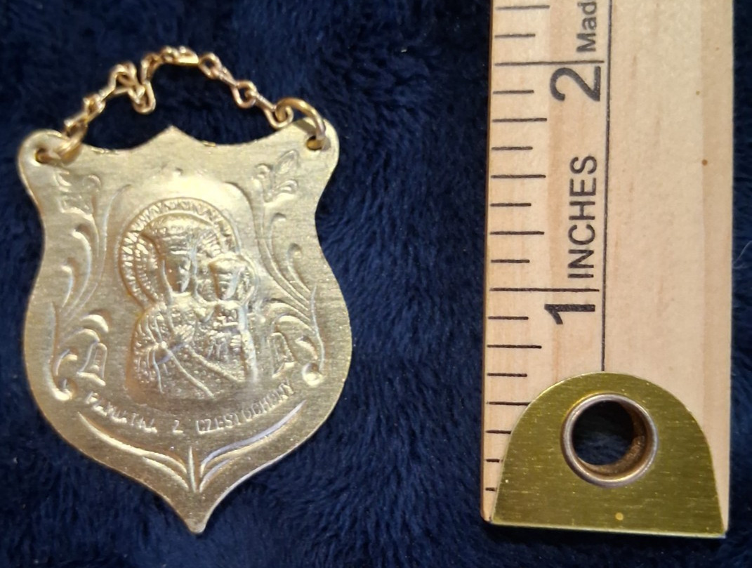 Vintage Polish Our Lady of Częstochowa Gold Tone Shield Pendant Medal
