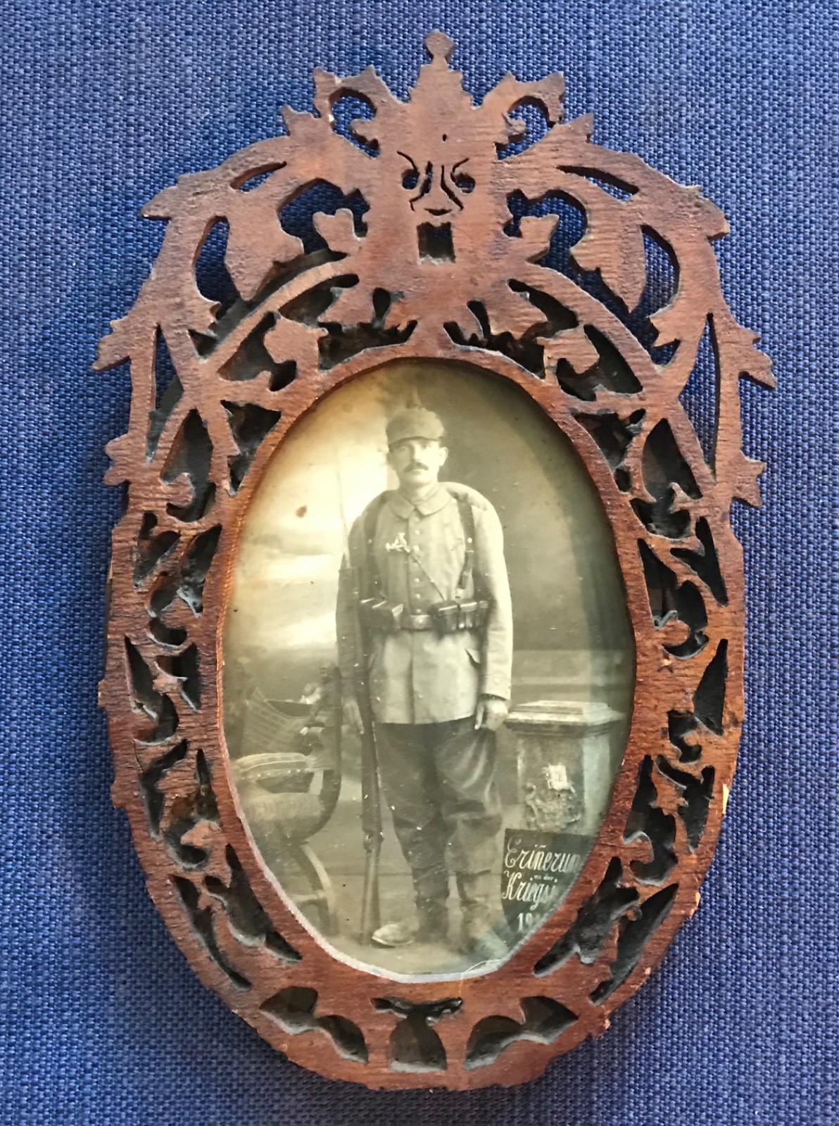 German WW1 memorial picture of soldier in full combat gear, framed