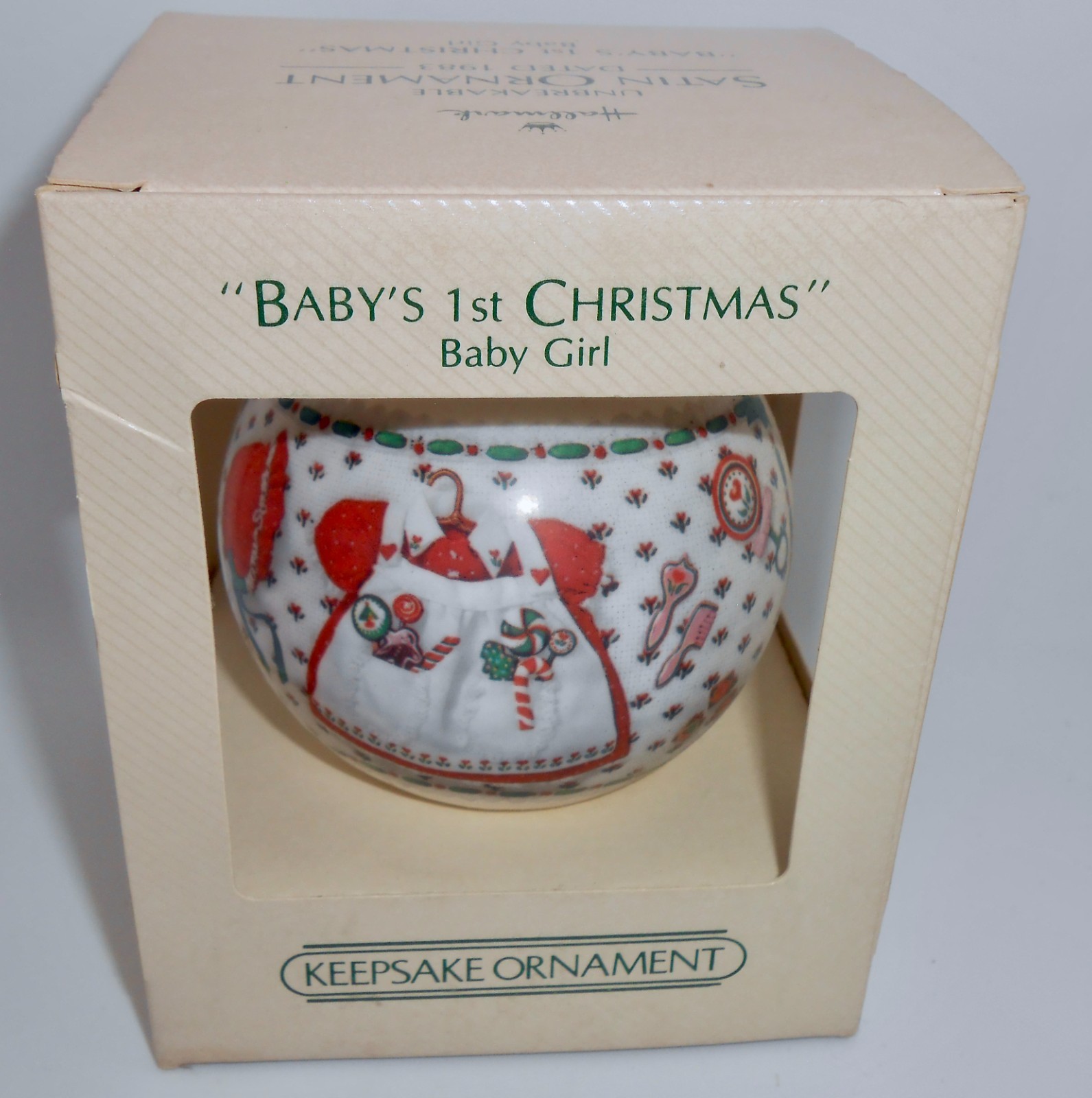 Hallmark Ornament 1983 BABY\'S 1st CHRISTMAS BABY GIRL Satin Ball Unbreakable H74