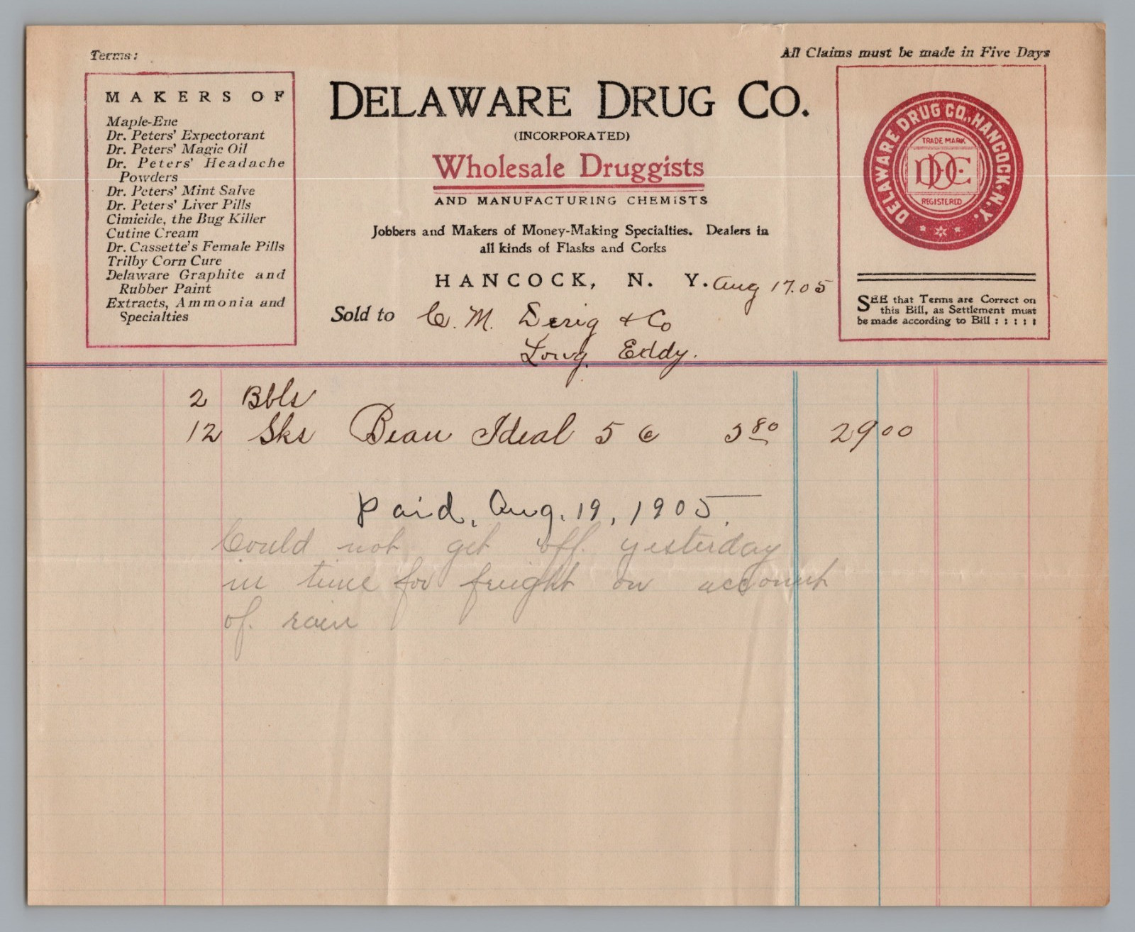 1905 Billhead Delaware Drug Co. Wholesale Druggists, Hancock, N.Y 1905 Billhead Delaware Drug Co. Wholesale Druggists, Hancock, N.Y