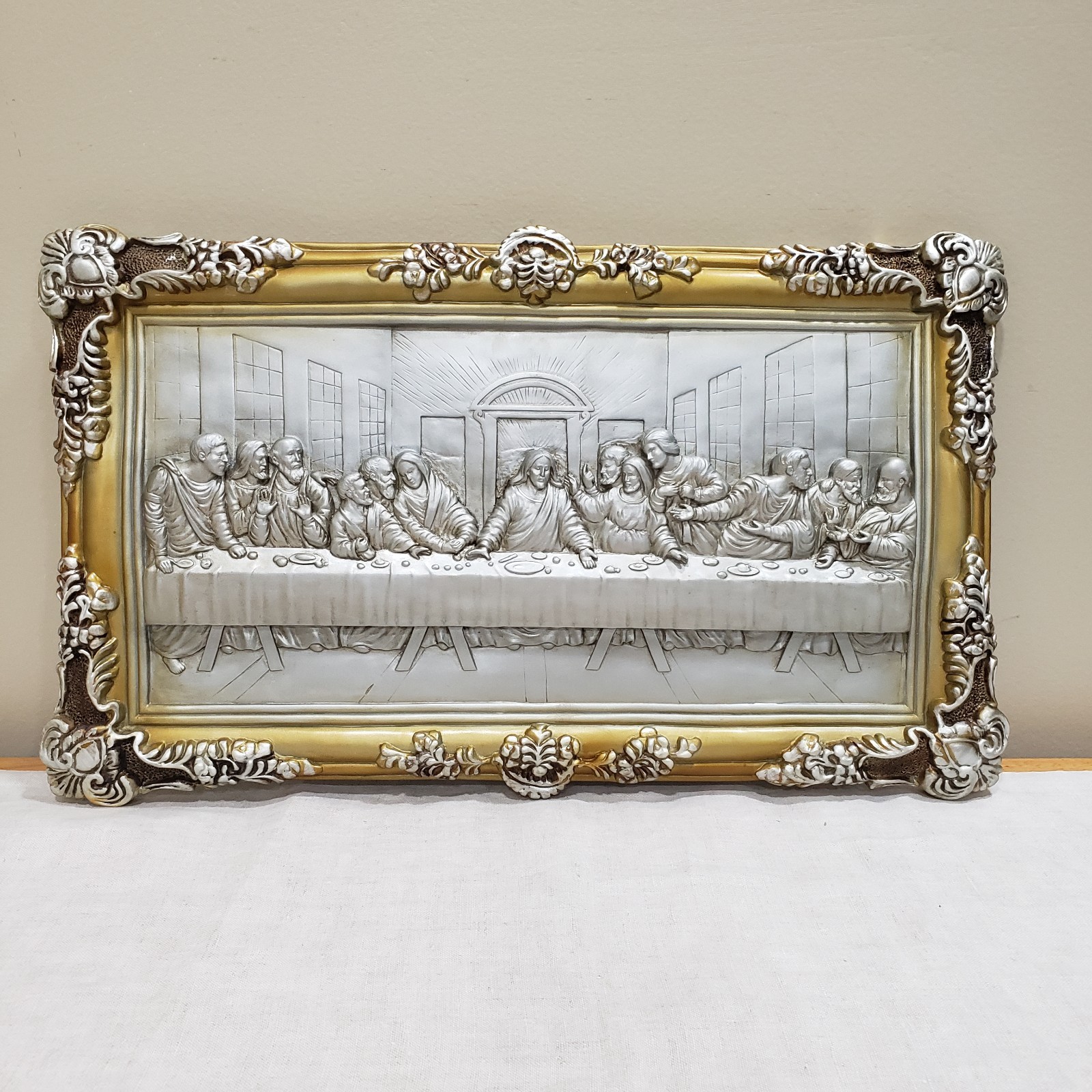 Last Supper Plaque Gold Silver 3D Plaster Jesus Religious Christian Wall Decor
