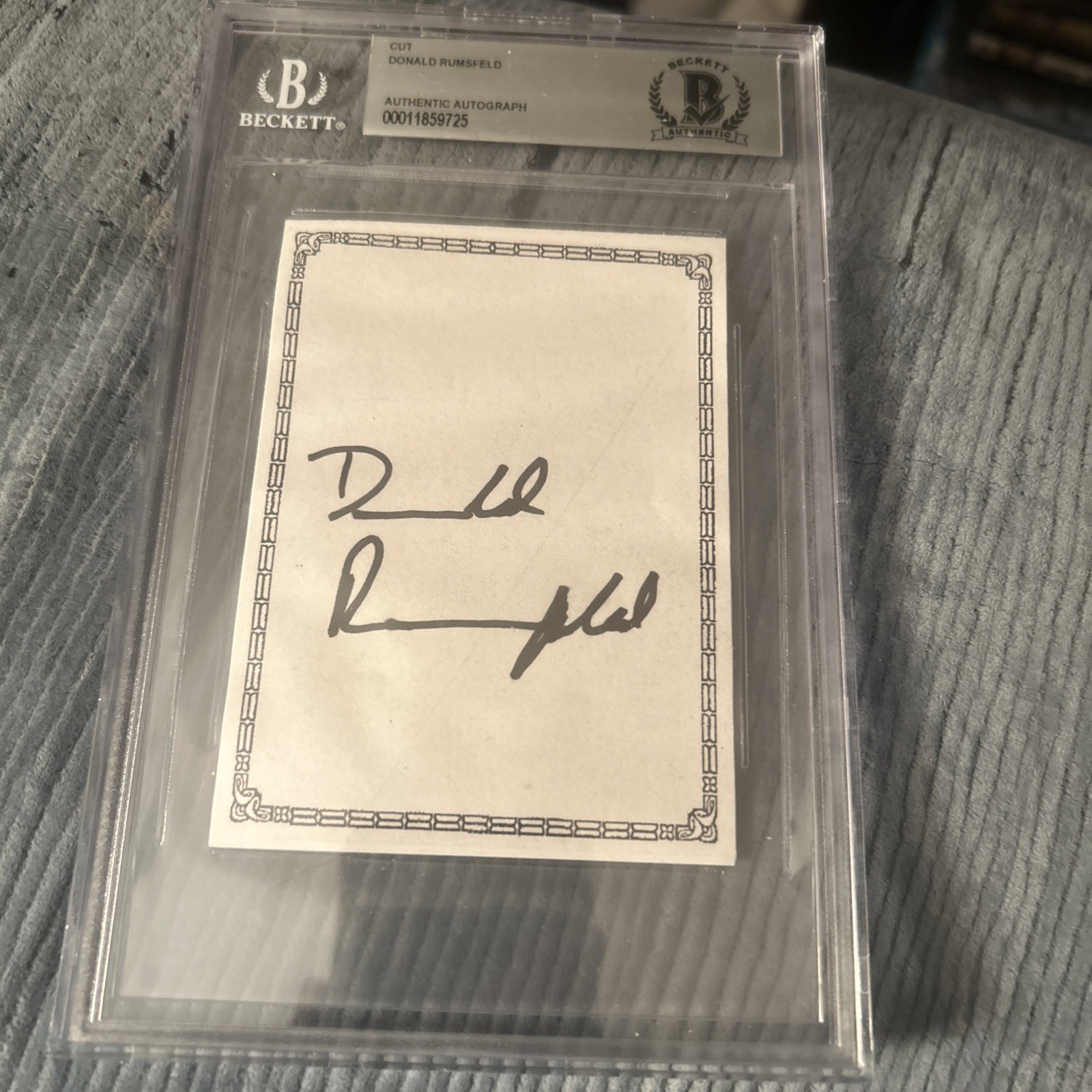 Donald Rumsfeld Hand Signed 3x4 Autograph Book Plate Beckett Slabbed
