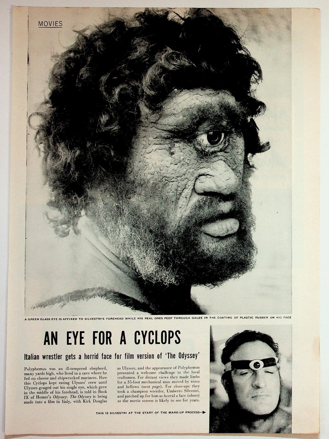 1950s The Odyssey Movie Cyclops Makeup Umberto Silvestri Magazine Page B&W 1950s The Odyssey Movie Cyclops Makeup Umberto Silvestri Magazine Page B&W