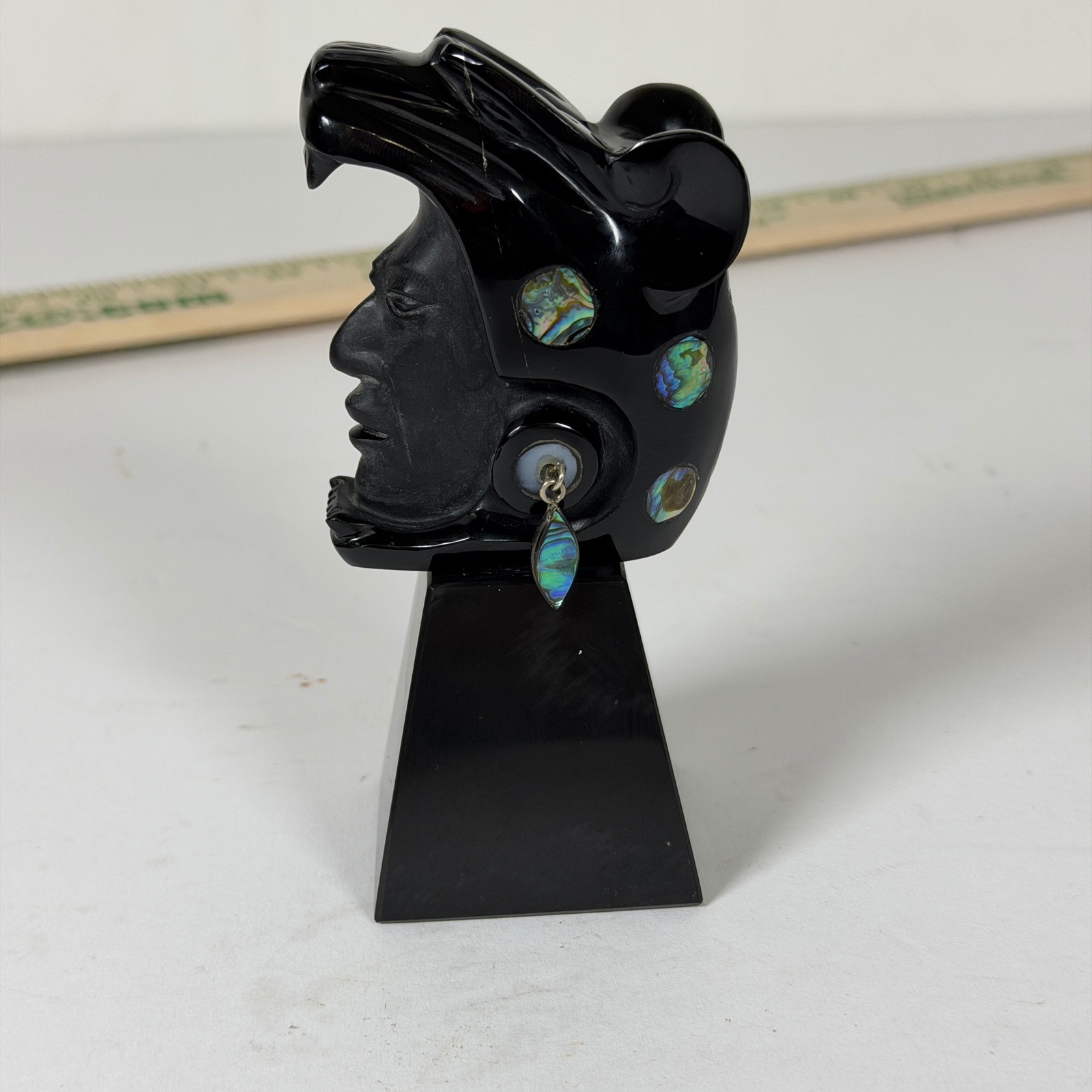 Vintage Teotihuacan Mexico Obsidian Aztec Jaguar Warrior Bust Abalone 925 Silver Vintage Teotihuacan Mexico Obsidian Aztec Jaguar Warrior Bust Abalone 925 Silver