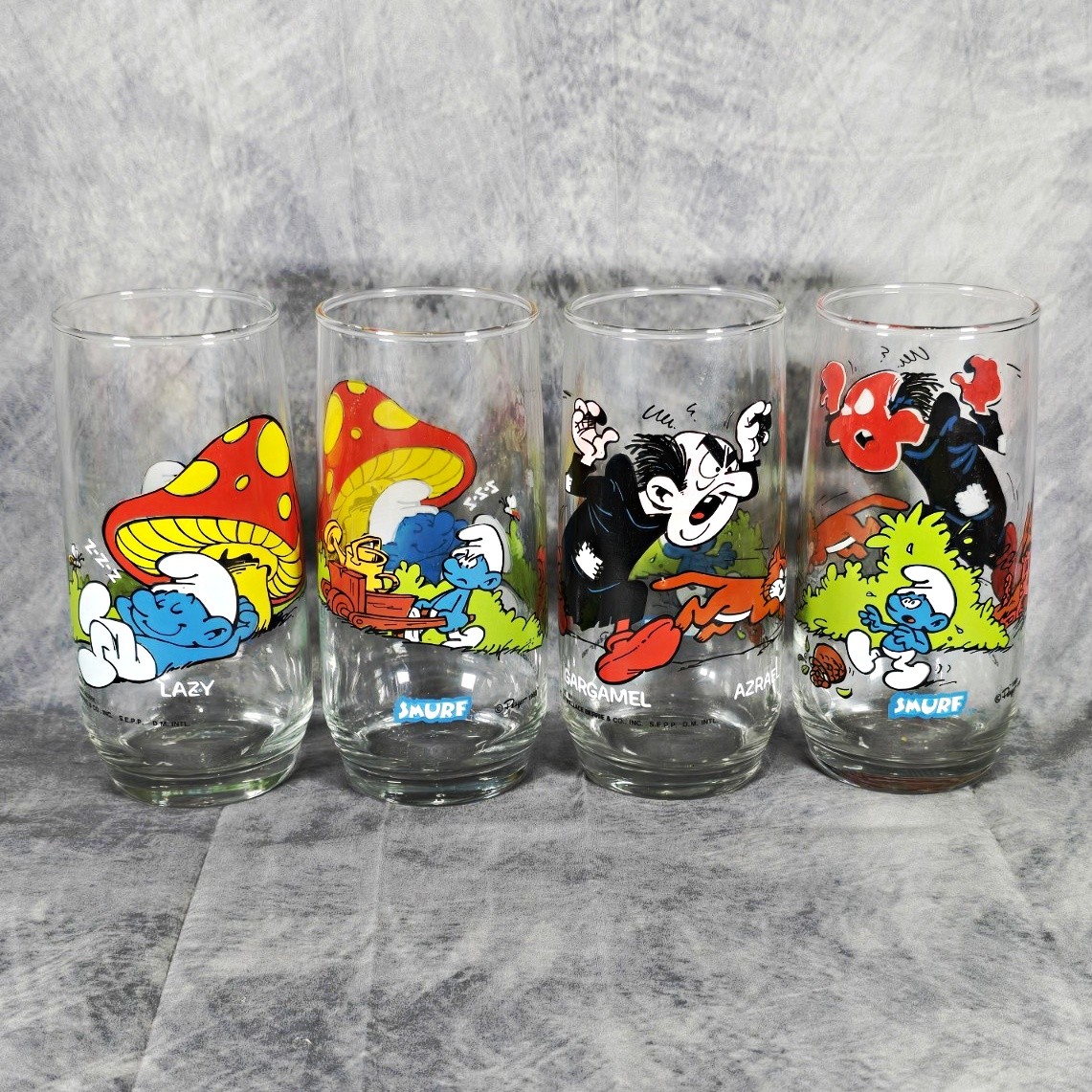 Vintage Wallace Berrie The Smurfs 1983 Glasses 8-Piece Set Lazy Smurf/Gargemel