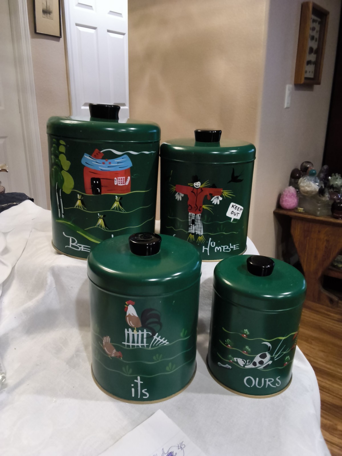 MCM HAND PAINTED RANSBURG GREEN METAL CANISTERS COTTAGE CORE CHARM WHIMSICAL M2 MCM HAND PAINTED RANSBURG GREEN METAL CANISTERS COTTAGE CORE CHARM WHIMSICAL M2