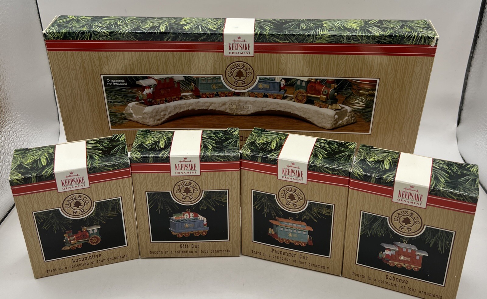 1991 Hallmark Ornament Claus & CO RR Train Trestle Cars Set Caboose Santa Boxes 1991 Hallmark Ornament Claus & CO RR Train Trestle Cars Set Caboose Santa Boxes