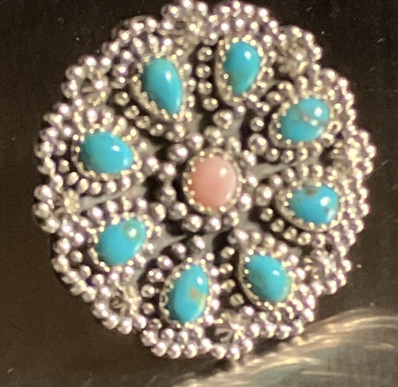 Pink Conch Turquoise Cluster Ring Flower Raindrop Sz 5.5 16g New Sterling 925