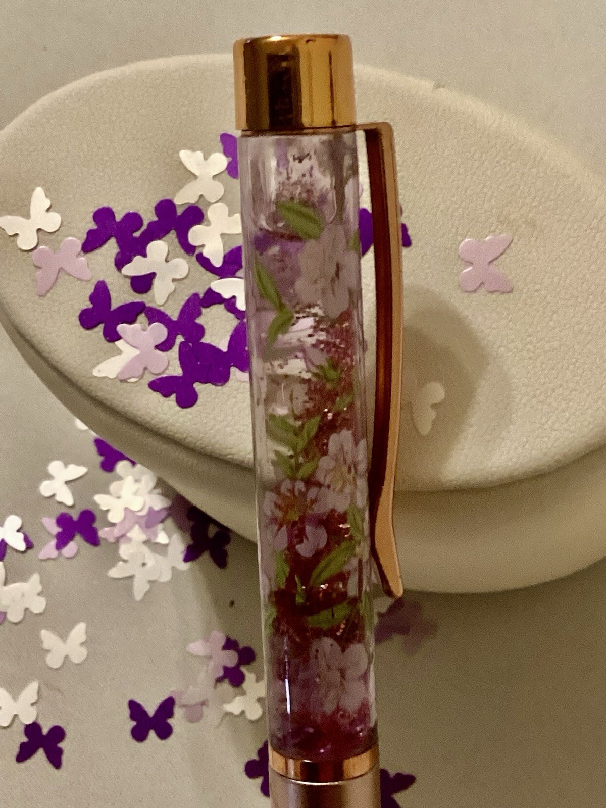 Handmade New Lavender Flowers Green Stems With Shiny Purple Glitter Float Pen
