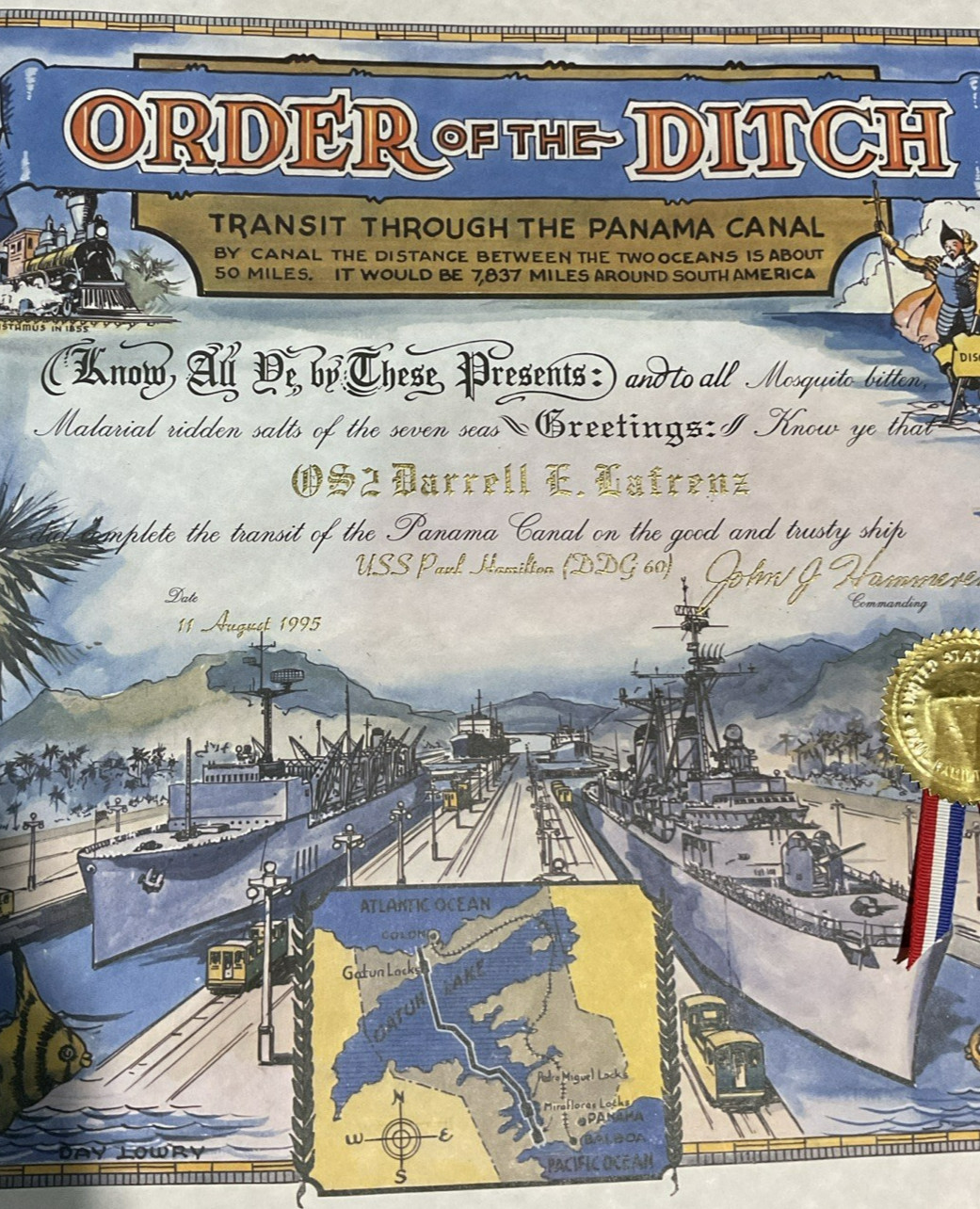 1995 Order of the Ditch Certificate Panama Canal USS Paul Hamilton DDG 60 OS2