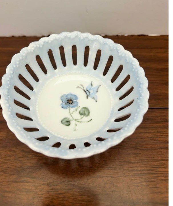 Tiny Reticulated Porcelain Trinket Dish White Blue Butterfly Handpainted by Lela