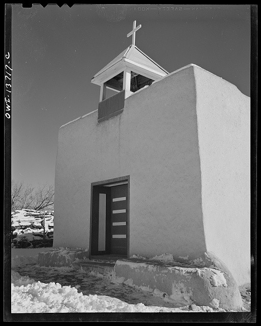 Photo:Adobe Church Snow Chapel 1930s Adobe Mission Cross Bell Tower