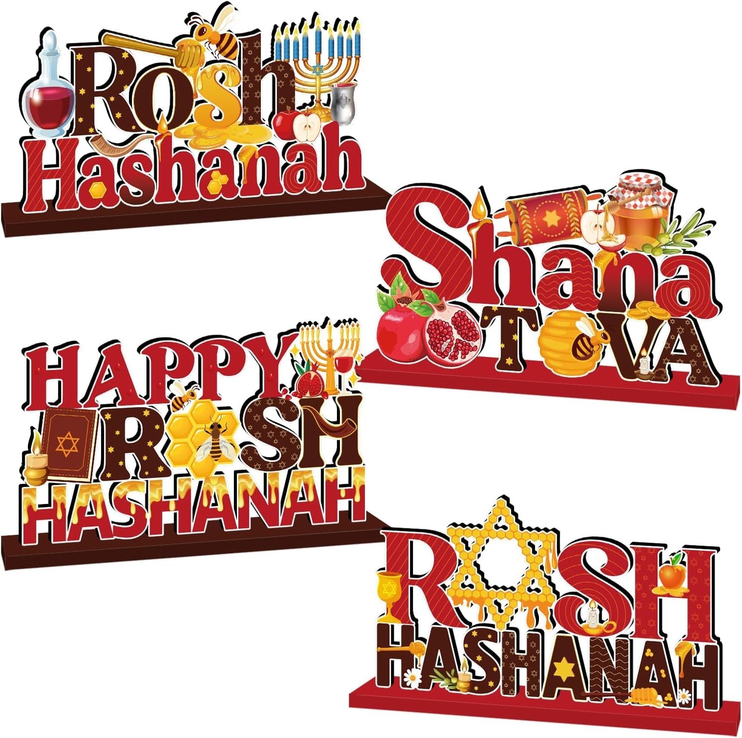 Rosh Hashanah Table Centerpiece 4Pcs Wooden Shana Tova Jewish New Year Decor Rosh Hashanah Table Centerpiece 4Pcs Wooden Shana Tova Jewish New Year Decor