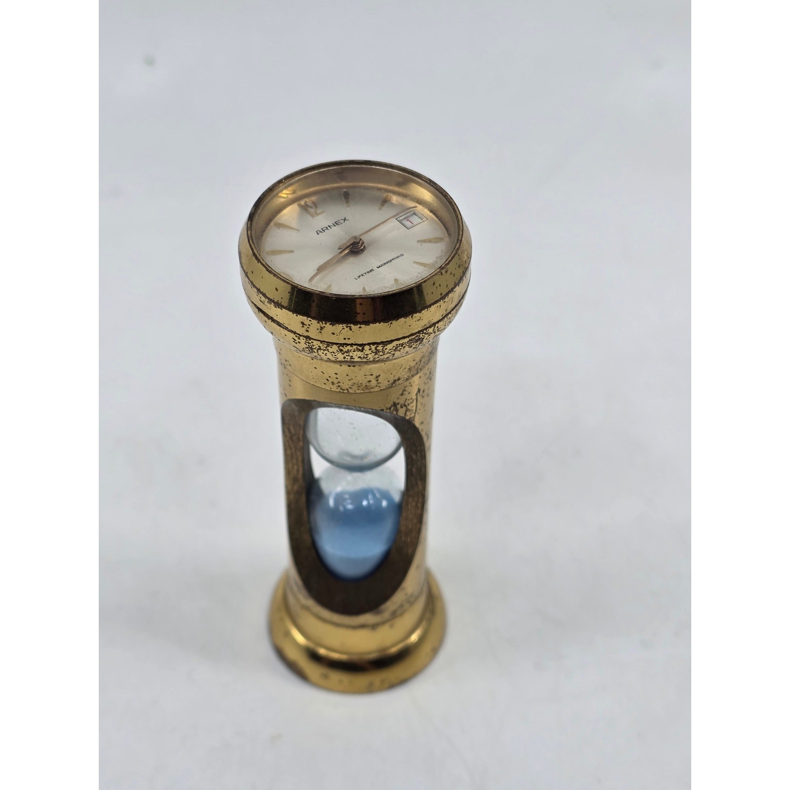 Vintage Arnex Mechanical Watch 1J Hourglass Desk Clock Solid Brass Date Working