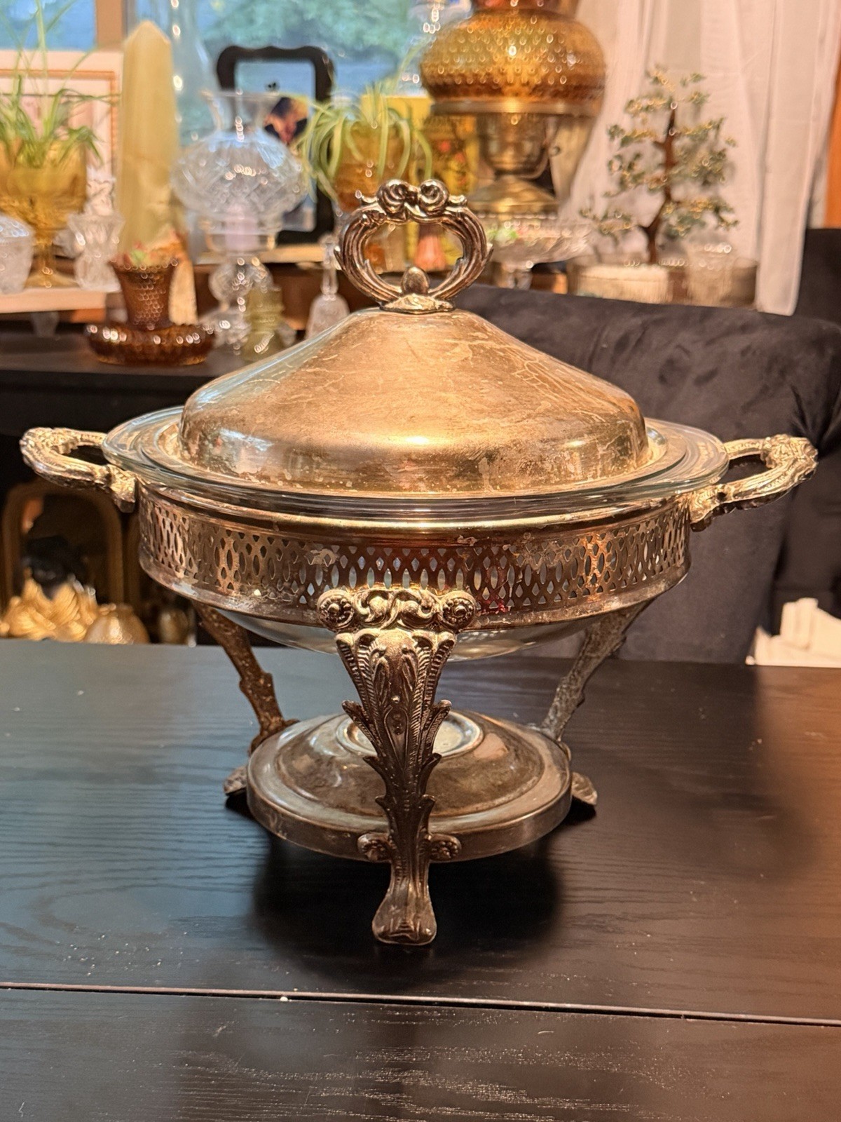 Vintage  Silver-Plated Elegant Chafing Dish W/Glass Pyrex Warming Casserole Dish