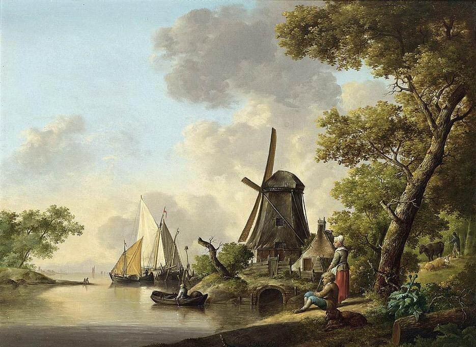 Oil painting Jan-Van-Os-Summer-Landscape windmill with portrait canvas