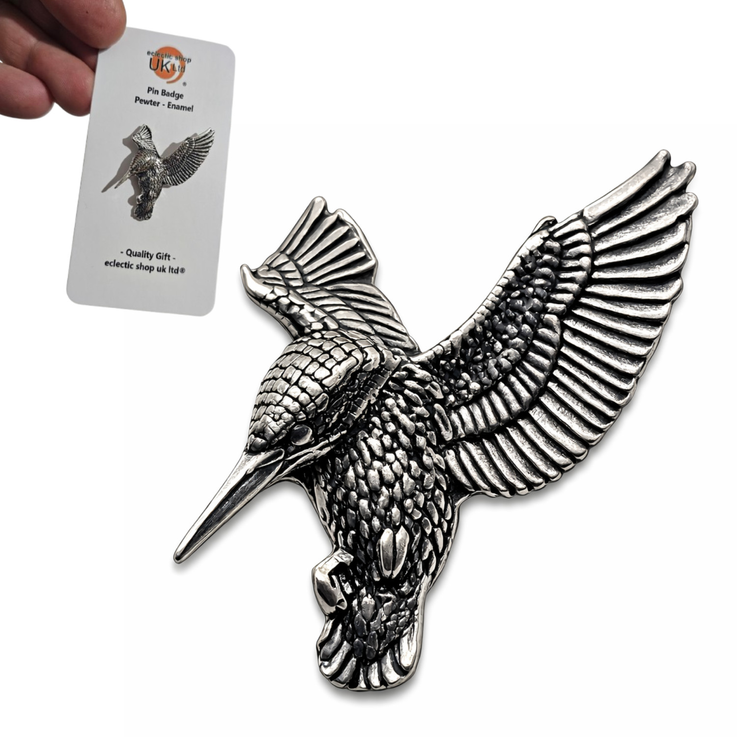 Kingfisher Pin Badge Pewter Hovering River Bird Brooch Lapel 35mm Gift
