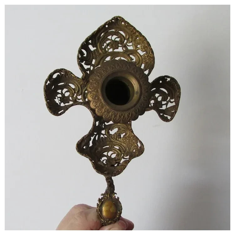 Antique French Fleur de Lis Candlestick Filigree Chamberstick Antique French Fleur de Lis Candlestick Filigree Chamberstick
