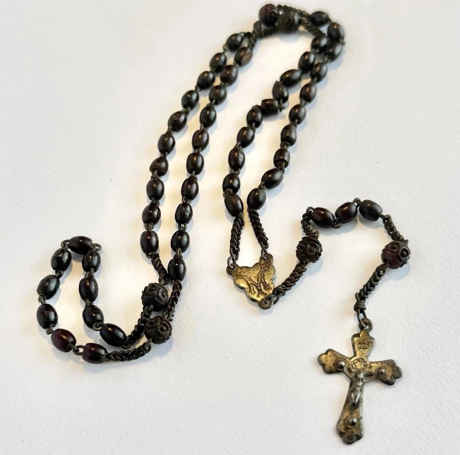 ANTIQUE 19TH C ROSEWOOD ROSARY MARIAN “M” CRUCIFIX CARVED ROSE PATER c1880s