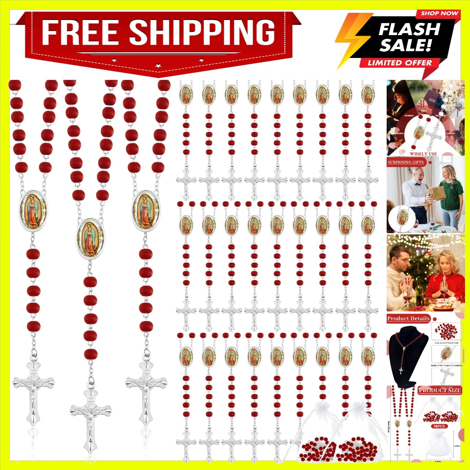 36 Pcs Wooden Bead Rosary Necklace with Crucifix and Our Lady of Guadalupe Sc... 36 Pcs Wooden Bead Rosary Necklace with Crucifix and Our Lady of Guadalupe Sc...