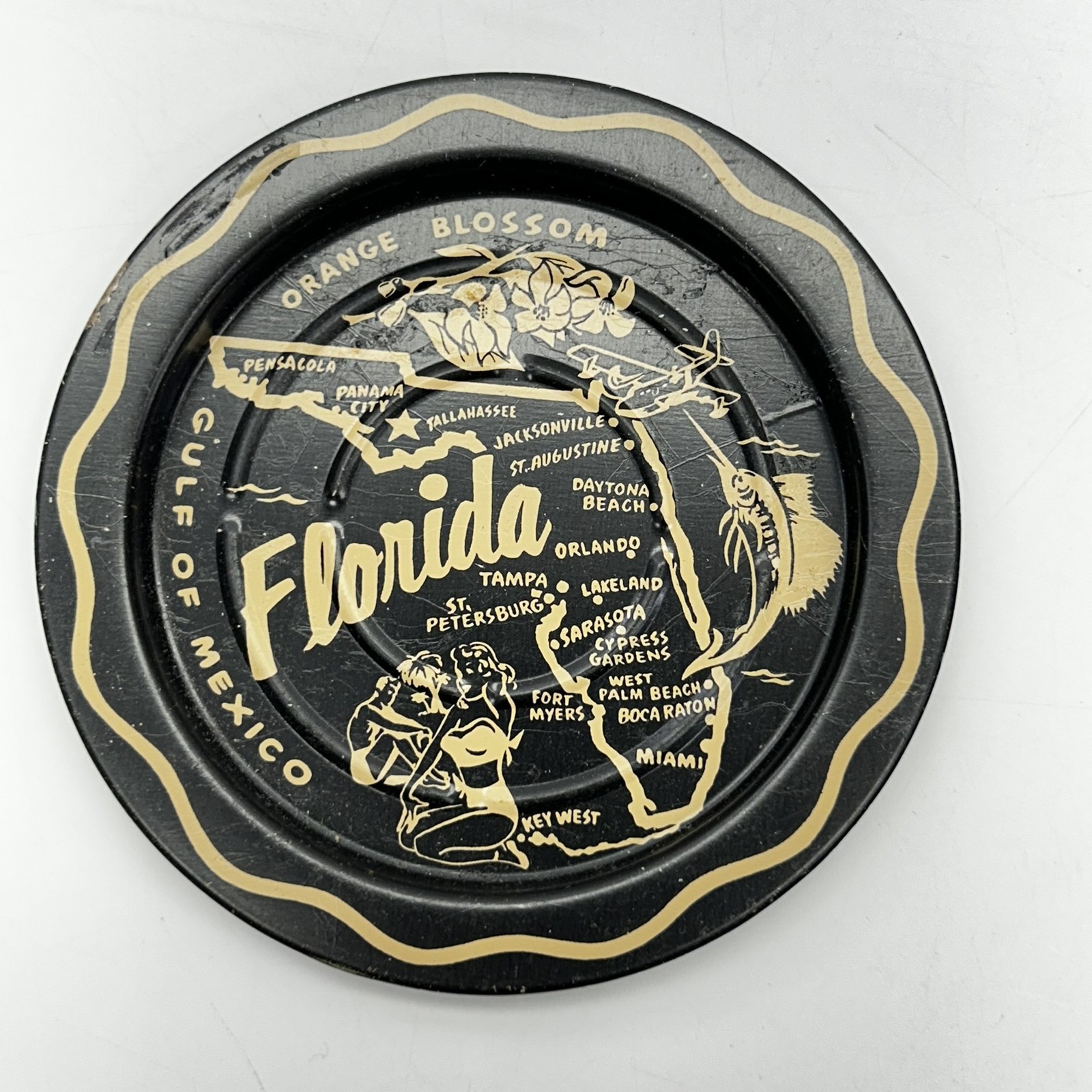 Vintage Florida Souvenir Tin Dish Black & Gold State Map Orange Blossom Travel Vintage Florida Souvenir Tin Dish Black & Gold State Map Orange Blossom Travel
