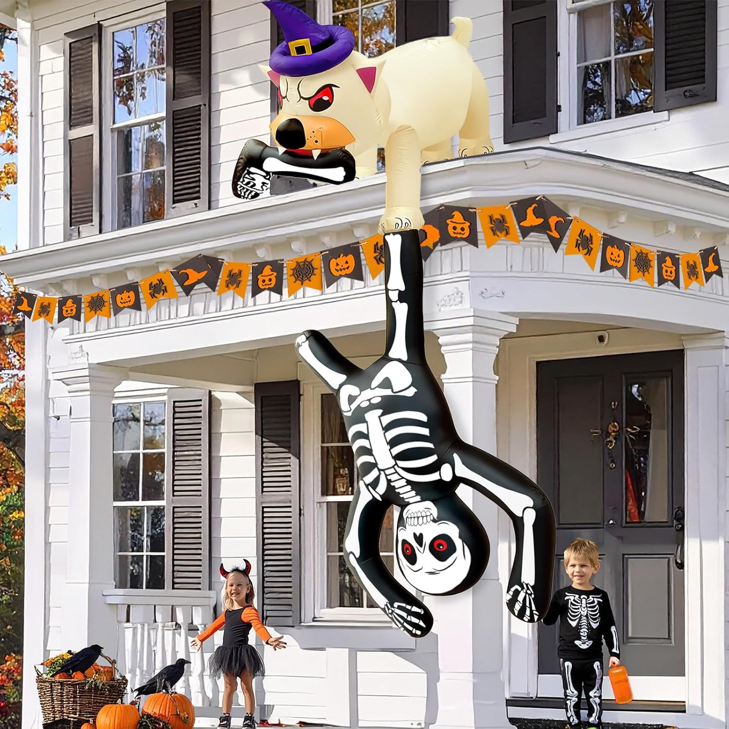 8FT Giant Halloween Inflatables Dog Pulling Skeleton, Halloween Blow up Yard Dec