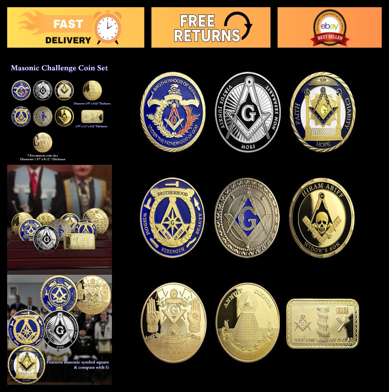 9pcs Masonic Challenge Coin Set - Freemason Collectible Coins for Enthusiasts 9pcs Masonic Challenge Coin Set - Freemason Collectible Coins for Enthusiasts